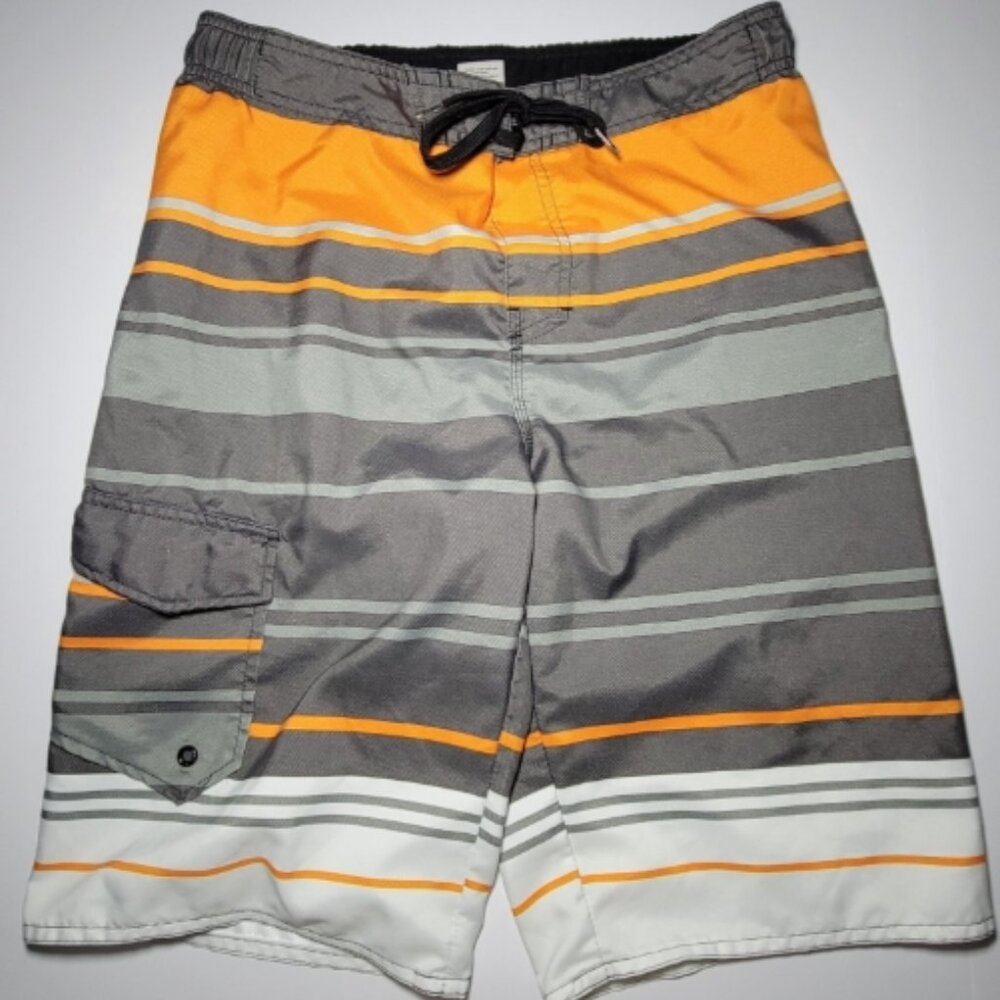 Hang Ten Mens Orange and Gray Striped Swim Trunks With 1 Pocket Size Large